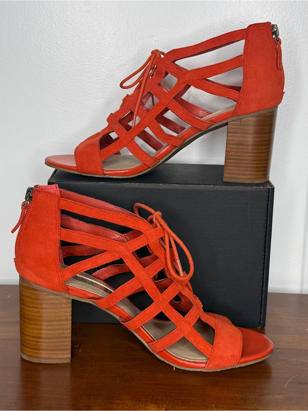 Aubrey Lynn "Louise" Caged Gladiator Block Heel Orange Faux Suede Sz 9 | GUC